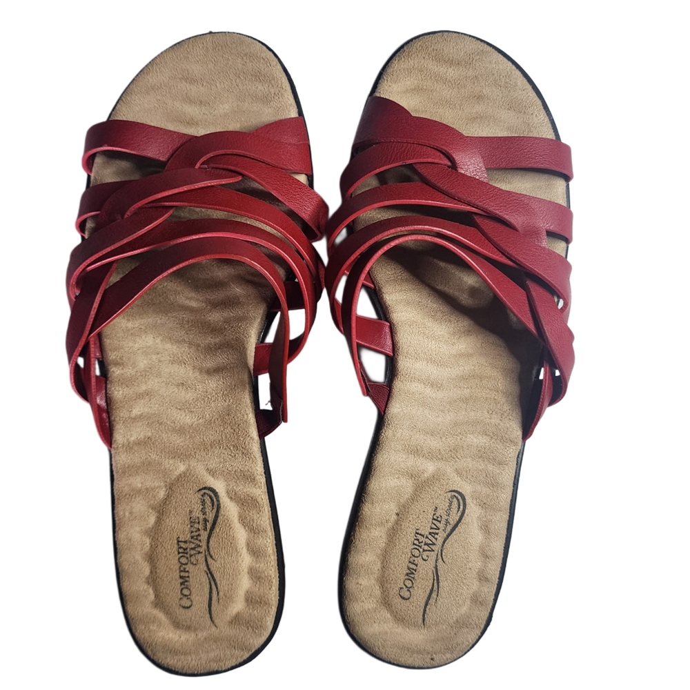 Comfort Wave Red Strappy Slide Sandals Womens Size 10 Comfort Cushioned Casual - Picture 2 of 5